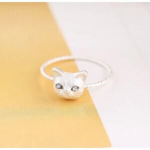 Silver Cat Head with Rhinestone Eyes on Twisted Rope Ring NEW 100% to Charity